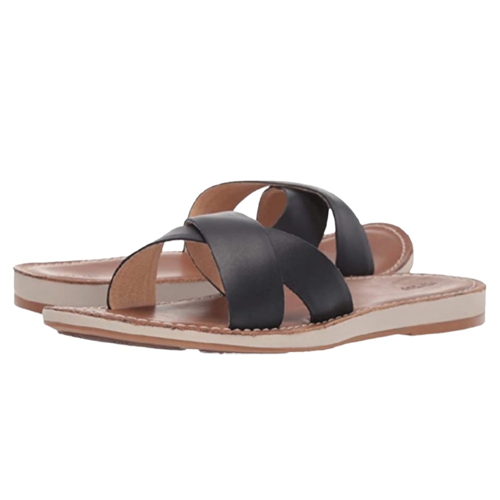 Olukai Black/Tan KE’A criss cross leather Slide Sandals Womens Size 8
